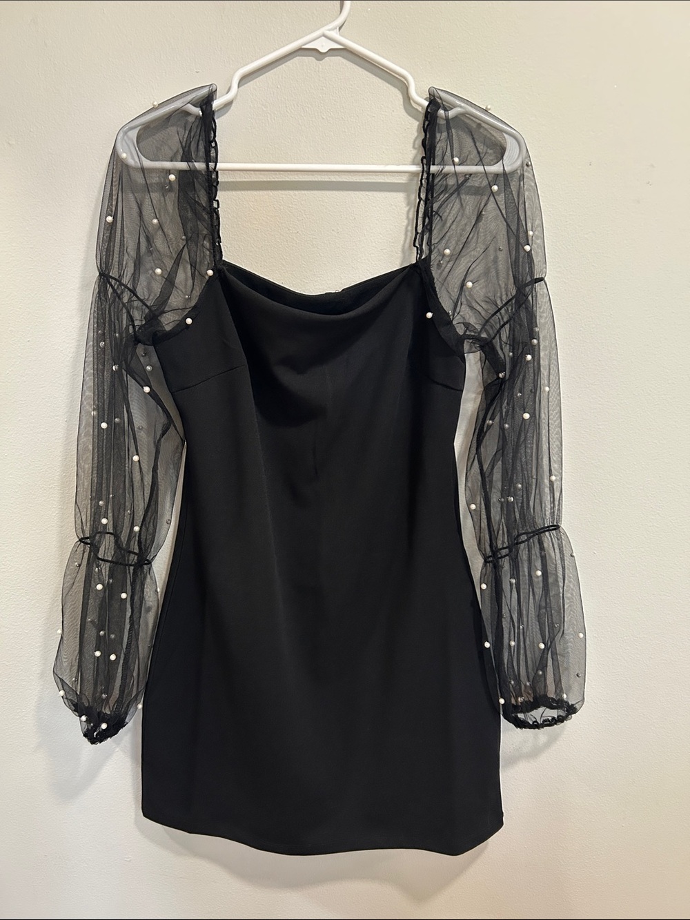 Source Unknown Black Mini Dress with Pearl-Dotted Sheer Sleeves